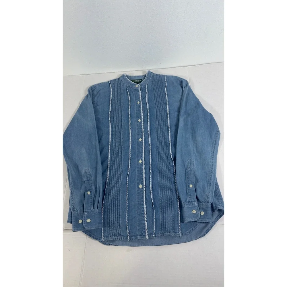 Lauren Ralph Lauren Denim Button Down Womens 4 Blue Pintuck Lace Trim Western
